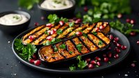 Grilled eggplant slices garnished with fresh herbs, pomegranate seeds and yogurt sauce on black plate. Mediterranean cuisine with vibrant colors and textures.