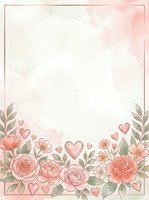 Watercolor floral frame with roses, peonies, and hearts on soft pink background. Isolated design ready for invitations, greeting cards, and wedding stationery projects.