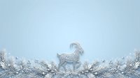 Silver goat figurine surrounded by frosted evergreen branches and winter foliage on light blue background for holiday decorating and seasonal design projects.
