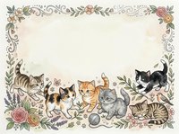 Adorable kittens playing in decorative floral border frame with roses and leaves on cream background for greeting cards and nursery decor.