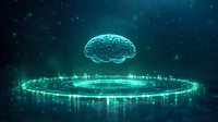 Glowing digital brain hovering above futuristic circular platform in dark space with particles, representing artificial intelligence and neural networks.