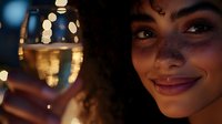 Young woman with curly hair smiling warmly while holding wine glass in romantic evening setting with soft bokeh lights creating intimate atmosphere. Suitable for lifestyle content.