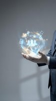Businessman in formal suit holding glowing digital globe with network icons, security symbols, and user profiles representing global connectivity, data management, and cloud technology solutions.