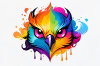 Rainbow colored owl face with dripping paint effect on white background, fierce eyes and sharp beak design for creative projects and merchandise.