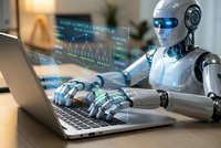 Humanoid robot with glowing blue eyes working on laptop computer displaying financial data charts and graphs in modern office environment for AI technology concepts.