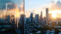 Modern cityscape with glowing sunset behind skyscrapers, overlaid with financial chart candlesticks showing market data analysis and trading concept. Urban business district view.