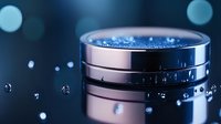 Luxury skincare cream jar with sparkling blue gel texture and water droplets on reflective surface for premium cosmetic advertising campaigns.
