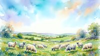 Herd of sheep grazing in rolling green pasture with distant mountains under soft watercolor sky, suitable for agricultural, rural, and pastoral design projects.
