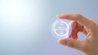 Caucasian hand holding transparent circular digital interface with glowing neon text displaying progress status against soft gradient background for technology and innovation concepts.