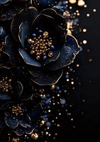 Luxurious navy blue flower with golden accents and sparkles on dark background creates elegant composition for luxury branding and festive designs.