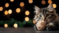 Adorable Maine Coon cat playing with yarn ball against dark background with golden bokeh lights creating magical holiday atmosphere and warm mood.