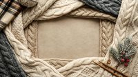 Cozy knit sweaters arranged in circular frame around blank beige cardboard space, featuring cream and charcoal cable knit textures with small evergreen sprig and berries, perfect for winter holiday design projects.