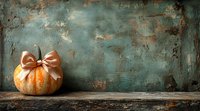 Fresh orange pumpkin decorated with beige satin bow on rustic wooden shelf against weathered turquoise wall with copy space, autumn seasonal decor.