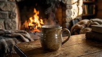 Steaming ceramic mug on rustic wooden table by cozy fireplace creates warm atmosphere for winter relaxation and comfort at home.
