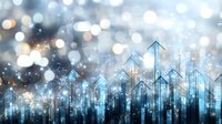 Digital cityscape with glowing arrows pointing upward through sparkling bokeh lights, representing business growth and urban development success.
