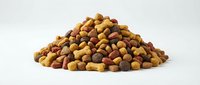 Pile of mixed dry dog food kibble and bone-shaped treats in various colors, isolated on white background for pet nutrition concepts.