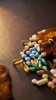 Colorful pills and capsules spilling from amber prescription bottles on dark surface for healthcare and pharmaceutical concepts.