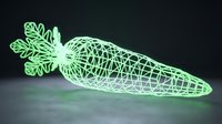 Neon glowing wireframe carrot with leafy top on dark background, isolated design element suitable for digital art, gaming graphics, and modern visual projects.