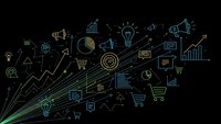 Business growth concept with glowing line art icons including charts, lightbulb, megaphone, shopping cart and analytics symbols on dark background.