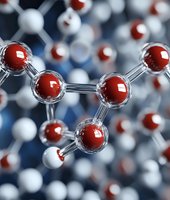 Molecular structure model with red and white atoms connected by transparent bonds, illustrating scientific research in chemistry or physics.