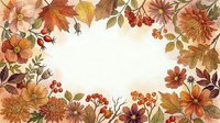 Watercolor autumn floral frame with warm orange and red flowers, berries, and fall leaves surrounding a soft white oval copy space.
