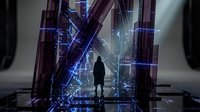 Silhouette of person standing in futuristic digital gateway with glowing blue holographic data streams and neon light effects, representing technology, innovation, and virtual reality environments.