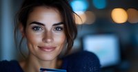 Young Mediterranean woman with bright blue eyes and natural makeup smiling warmly while holding smartphone in evening ambient lighting with bokeh background.