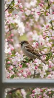 Sparrow perched on a blooming cherry branch seen through a window, surrounded by pink and white spring blossoms in soft natural light.
