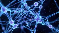 Neural network connections with glowing synapses and electric impulses in blue and purple tones for medical research and neuroscience education.