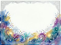 Ornate decorative frame with colorful watercolor splashes and fireworks in corners, isolated on white background, ready for invitations, posters, and design projects.