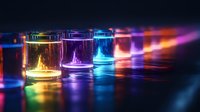 Colorful cocktail glasses with vibrant neon lighting creating rainbow reflections on dark surface for nightclub bar party atmosphere entertainment.