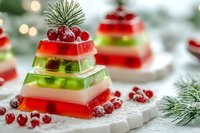Festive layered jello dessert with red and green colors, topped with frosted cranberries and pine sprigs. Holiday party food on white serving plate with bokeh lights.