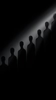 Mysterious silhouettes of people standing in line against dark background with dramatic diagonal light creating atmospheric mood for conceptual designs.