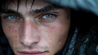 Young Caucasian male with intense blue eyes and freckles wearing hood in dramatic close-up portrait. Water drops on face create moody atmosphere.
