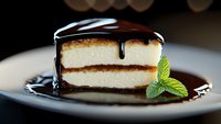 Slice of layered cheesecake with dark chocolate ganache dripping down sides, garnished with fresh mint leaf on dark plate, close-up view against blurred background.