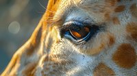 Close-up of giraffe eye with amber iris and distinctive spotted pattern on skin, capturing wildlife detail in warm golden light against blurred natural background.