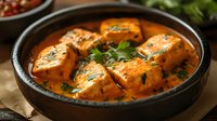 Salmon chunks in creamy orange curry sauce garnished with fresh herbs served in black ceramic bowl, traditional Indian butter masala dish for restaurant menu.