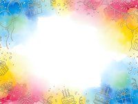 Colorful birthday celebration frame with hand-drawn party elements, gift boxes, balloons and confetti on rainbow gradient background with white center space.