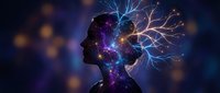 Female silhouette with glowing neural network branching from head against cosmic background with bokeh lights for neuroscience and AI concepts.