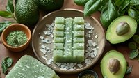 Fresh green matcha ice cream bars arranged on crushed ice with avocado halves, matcha powder and mint leaves on rustic ceramic plate, overhead food styling.