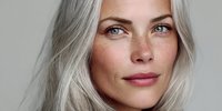 Young Caucasian woman with silver gray hair and natural makeup looking at camera with confident expression against neutral background for beauty campaigns.