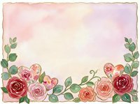 Watercolor roses and eucalyptus leaves frame bottom of soft pink background, creating elegant border design suitable for invitations, greeting cards, and wedding stationery projects.