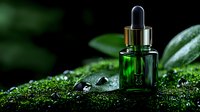 Green glass dropper bottle with essential oil on wet moss and leaves in dark moody setting, natural cosmetic product photography for spa and wellness.