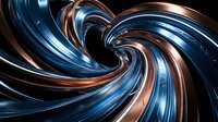 Abstract metallic swirl with blue and copper ribbons creating dynamic spiral motion on dark background for modern digital art and technology concepts.