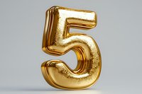 Golden metallic number five balloon on gray background, inflated foil digit with shiny reflective surface for celebration and anniversary decoration.