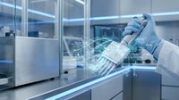 Scientist in protective gloves analyzing sample with digital data overlay in modern laboratory for medical research and biotechnology development.
