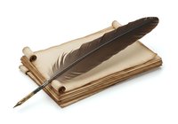Vintage quill pen with dark feather resting on aged parchment pages and wooden scroll holders, isolated on white background for design use.