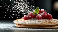 Fresh raspberries and mint leaves top golden pancakes dusted with powdered sugar against dark background, creating appetizing breakfast composition.