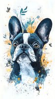 Artistic portrait of French Bulldog with watercolor splashes in blue and orange tones, floral elements and butterflies on white background. Suitable for wall art.