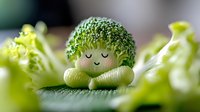 Cute broccoli character with sleeping face made from fresh vegetable. Green florets form hair on white body sitting in peaceful meditation pose against blurred background.